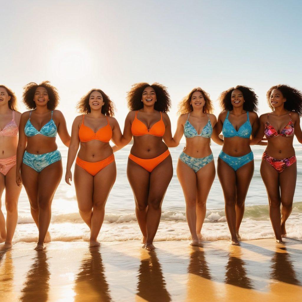A joyful and confident diverse group of women, showcasing different body types in stylish lingerie and swimwear on a sunlit beach. The atmosphere radiates empowerment and body positivity, with vibrant colors and playful patterns reflecting the transition from intimate to beachwear. Include soft ocean waves in the background and bright sunshine to evoke a feeling of freedom and celebration. super-realistic. vibrant colors. sunny setting.