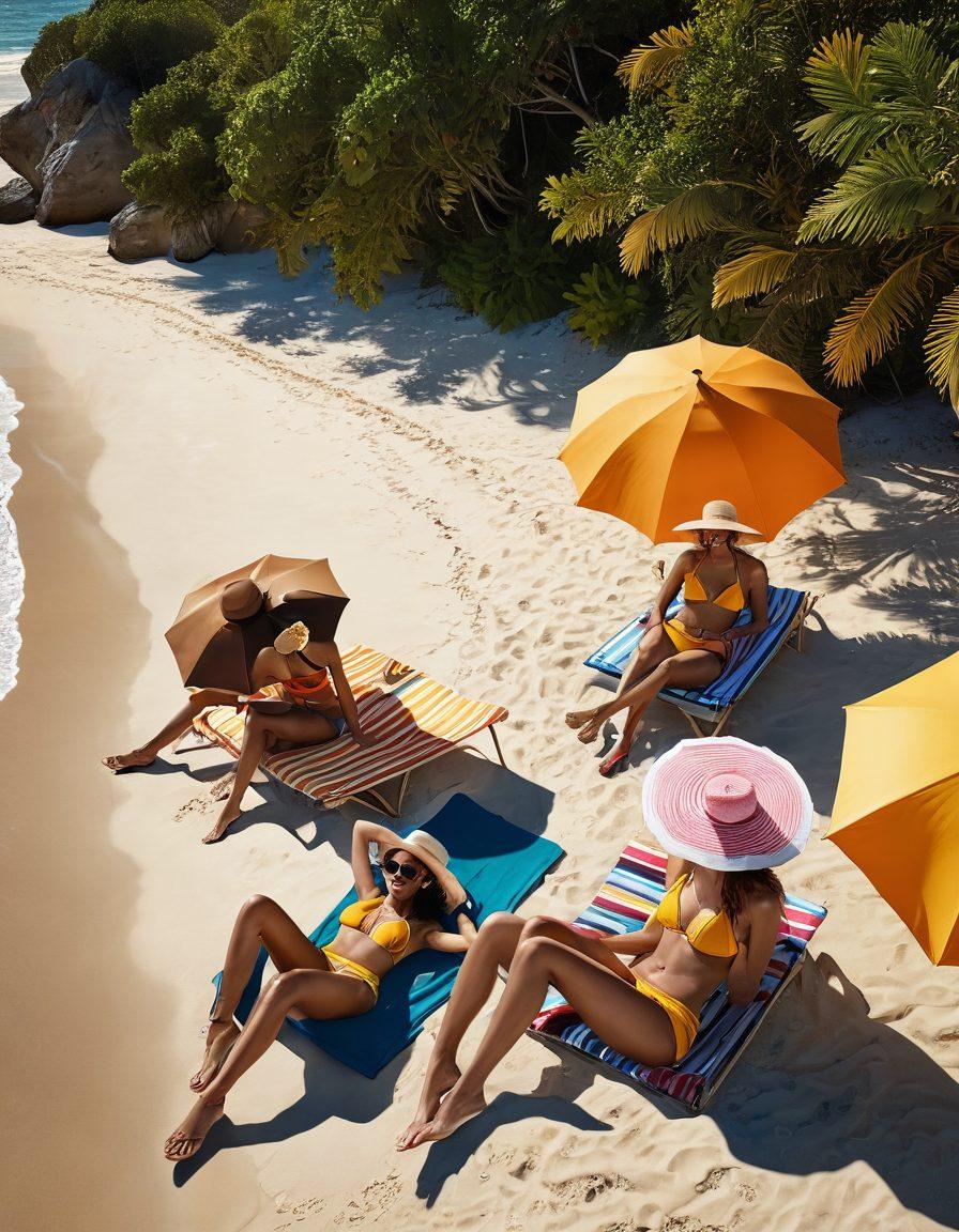 A sun-kissed beach scene featuring a diverse group of stylish individuals in seductive swimwear and beachwear, lounging under vibrant umbrellas, with playful waves lapping at their feet. The atmosphere is lively, filled with laughter and colorful beach accessories like hats and sunglasses. In the background, a picturesque sunset casts a warm glow over the scene, evoking feelings of joy and relaxation. super-realistic. vibrant colors. tropical vibes.